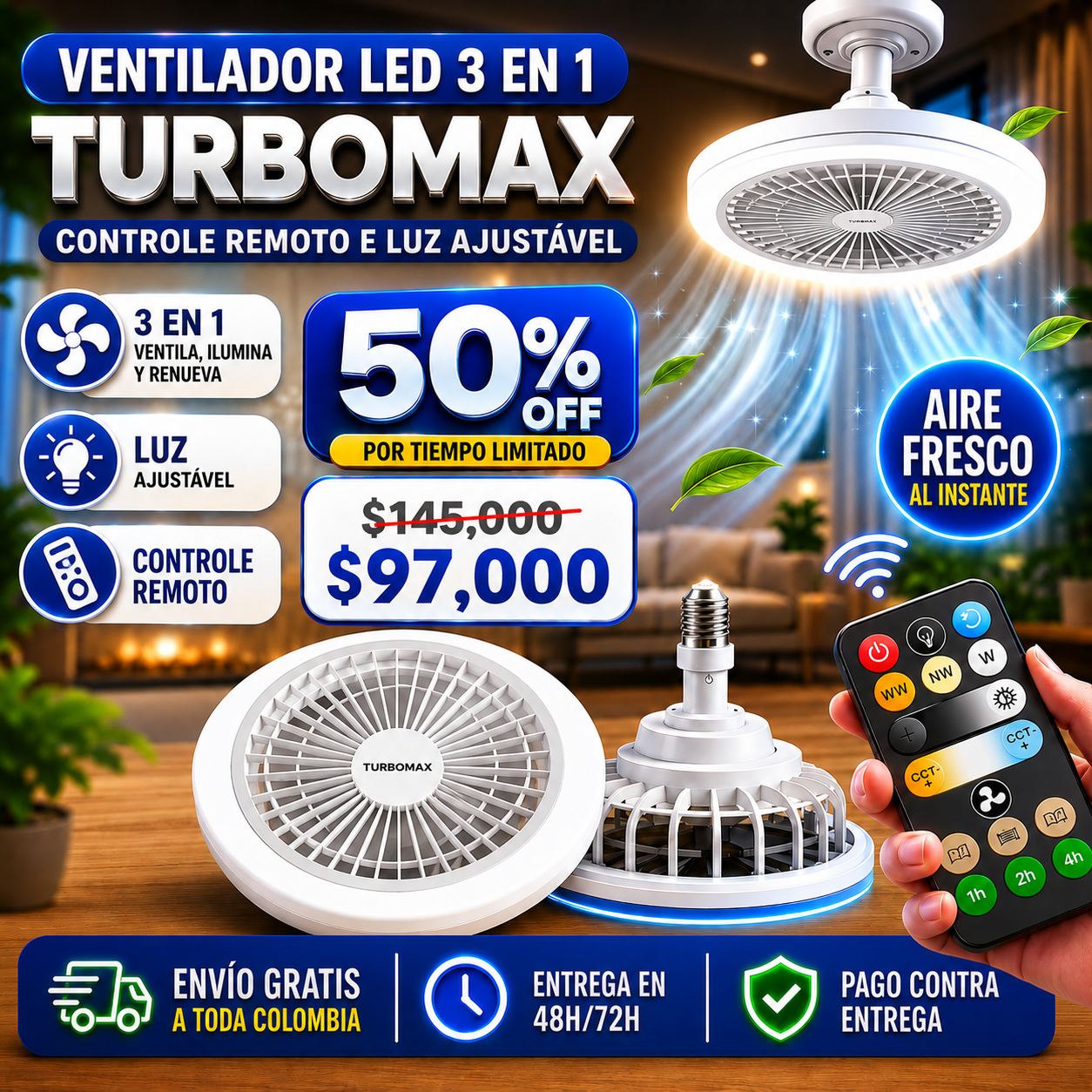 💡 Ventilador LED 3 en 1 con Control Remoto y Luz Ajustable