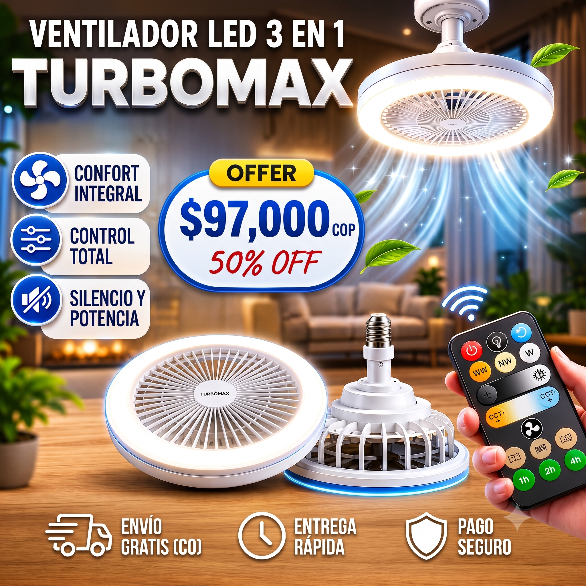 💡 Ventilador LED 3 en 1 con Control Remoto y Luz Ajustable
